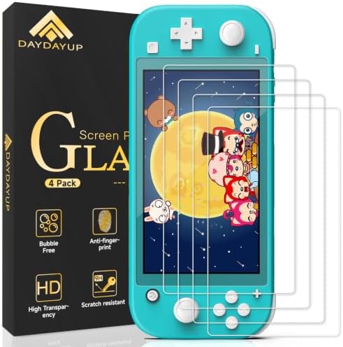 daydayup 4 Pack Tempered Glass Screen Protector for Nintendo Switch Lite, 0.3mm Thickness, 9H Hardness, Transparent, Anti-Scratch, Oleophobic Coating, Easy Installation Guide