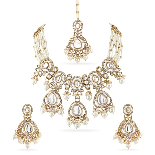 Image of Rubans Necklace Maangtikka Set Gold Plated Kundan & Pearl Jewellery Gift for Women & Girls
