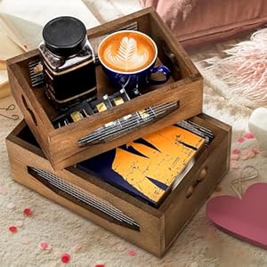 Okllen Set of 2 Wooden Nesting Countertop Baskets, Decorative Wood Storage Box Farmhouse Rustic Crate with Cutout Handles for Bread, Fruit, Vegetables, Kitchen, Bathroom, Pantry Supplies, Brown Okllen Set of 2 Wooden Nesting Countertop Baskets Decorative Wood Storage Box Farmhouse Rustic Crate with Cutout Handles for Bread Fruit Vegetables Kitchen Bathroom Pantry Supplies Brown