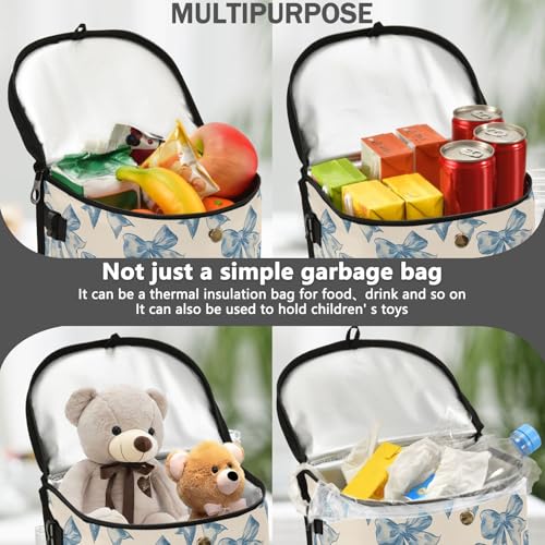 Image of Car Trash Can Blue Bow Car Garbage Bag with Lid Hanging Waterproof Leak Proof Vehicle Storage Bin