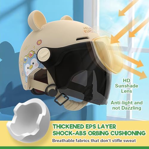 Image of Proberos Kids Bike Helmet for Boys & Girls Ages 5-12, UV400 Sun-Proof Goggle Lightweight Cartoon Bike Helmet with Detachable Ear Guards, Adjustable Chin Strap, Cushion Liner Design, Beige