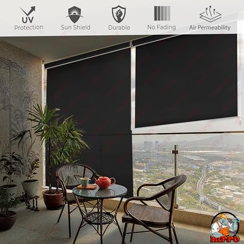 Image of HIPPO 180 GSM HDPE Outdoor Balcony Roller Blind, UV & Dust Protection Corded Roll Up and Down Light Filtering Blinds for Garden (Pearl-Black, 3FTX5FT)