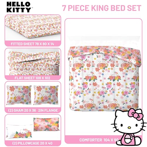 Image of Sanrio Hello Kitty King Comforter Set 7 Piece Floral Bedding, Multi | Bed in a Bag, Comforter Sheets Shams Pillowcases, Official Product, Soft Microfiber, Machine Washable, Girls Gift