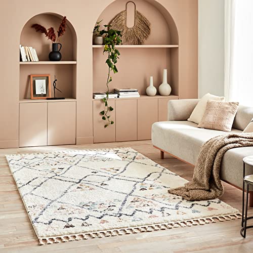 Nazar Tapis Berbere a Franges Salon, Tapis Shaggy, Multicolore, Motifs Losanges géométriques, Lavable, Moelleux, Poils Longs, (80x150 cm, 3110 Crème)