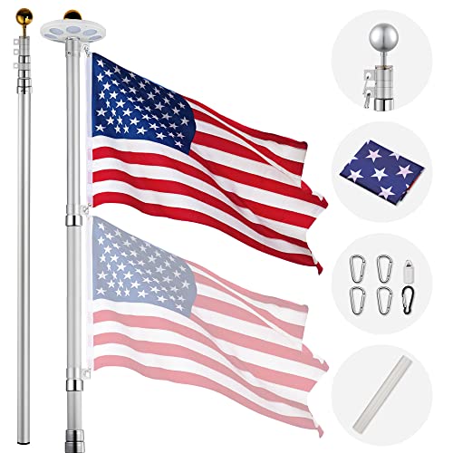 Yescom Silver 25Ft Telescopic Flag Pole Kit Heavy Duty Aluminum Flagpole Us Flag & Ball Top With 136 Led Solar Light Yard Residential Commercial #TOP17