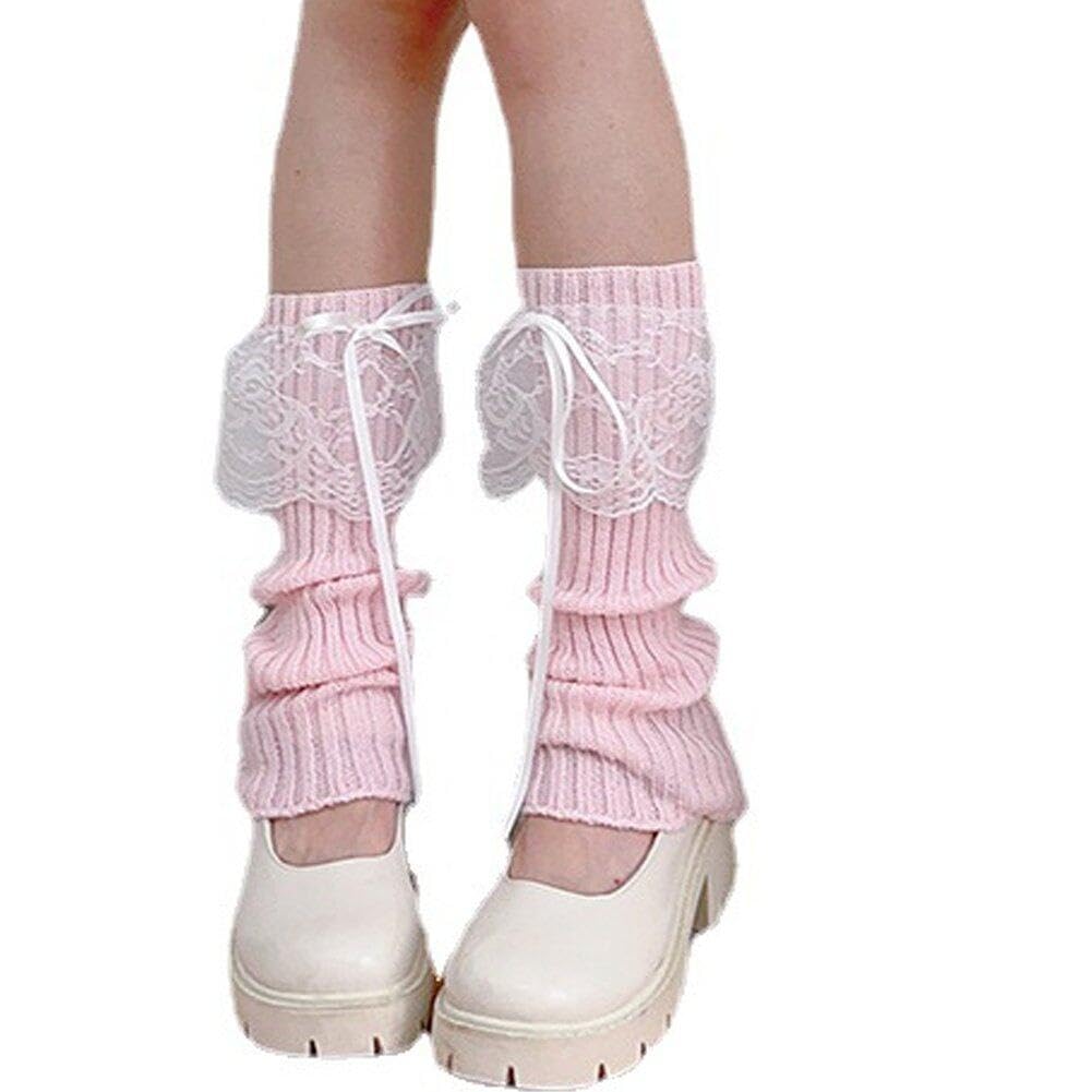 Sanfly Knit Lace Bow Leg Warmers Ribbed Below Knee Leg Warmers Footless Socks for Women and Girls Winter Leg Warmers