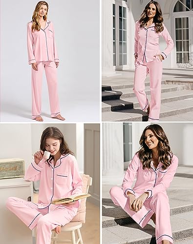 Image of SWOMOG Womens Pajamas Set Long Sleeve Sleepwear Button Down Nightwear Soft Cotton Pj Lounge Sets