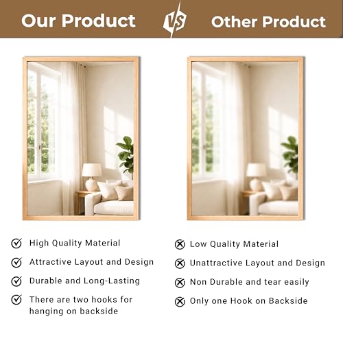 Image of Rousrie Premium Framed Glass Wall Mount Mirror, Decorative, for Bathroom, Bedroom, Living Room and Entryway, Wash Basin (14 by 20 Inch) (Light Brown)