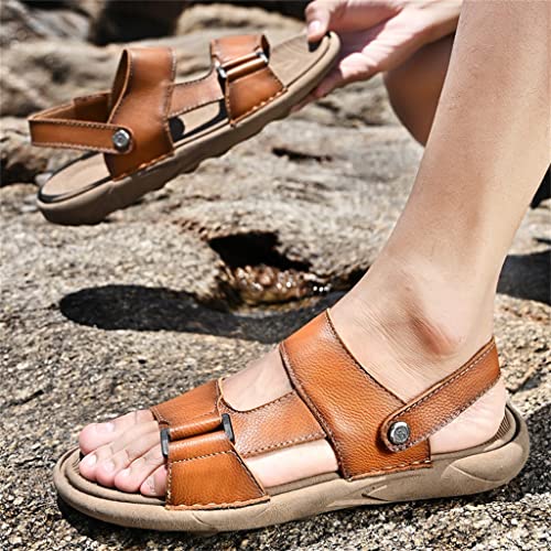 Sandals Men ' s Cowhide Casual Beach Shoes Genuine Leather Thick Sole Anti Slip Male Toe Shoes Black Brown(43)3