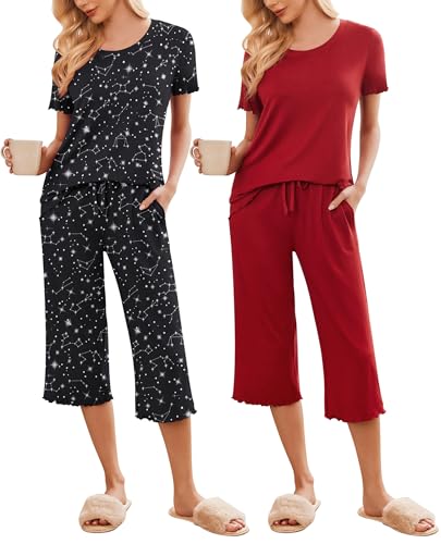 Image of Ekouaer 2 Pack: Women's Pajamas Set Short Sleeve Sleepwear Capri Pants Pjs Soft Loungewear with Pockets