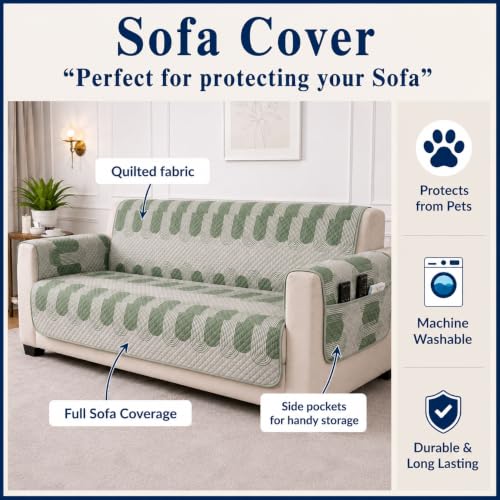 Image of STITCHNEST 'CloudFeel Series' Quilted Printed Velvet Sofa Cover for 1 Seater | Premium Soft Velvet Sofa Protector | Green Geometric Arch Design with Armrest Pockets | Furniture Cover