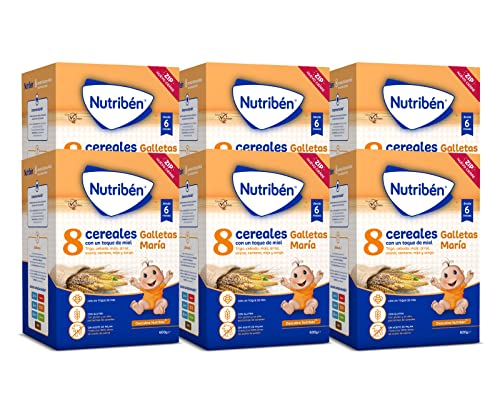 Nutribén Papilla 8 Cereales con un Toque De Miel y Galletas María, 3600g, Sin Aceite de Palma, Alimento para Bebés, desde los 6 Meses, Pack de 6 x 600g