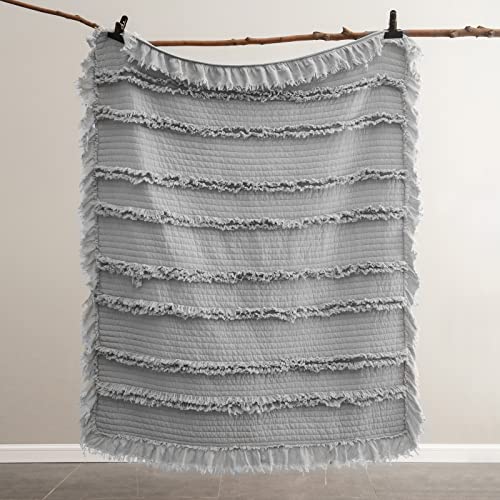 Ultra Soft Pre-Washed Quilted Throw Blanket, Ruffle Fringed Grey Boho Decorative Throw, Stone Washed Chic Rustic Blanket For Sofa Couch Bed Chair, 50"X60" #TOP5