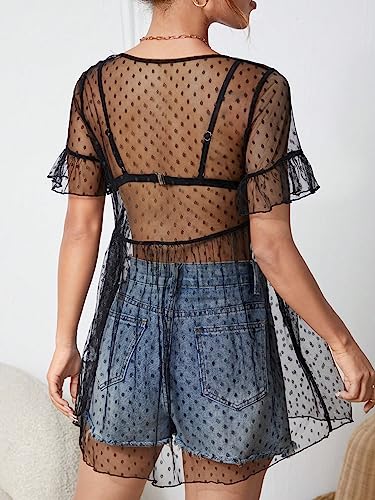 WDIRARA Women's Polka Dots Sheer Mesh Mini Dress Short Sleeve Ruffle Hem Flared Dresses2
