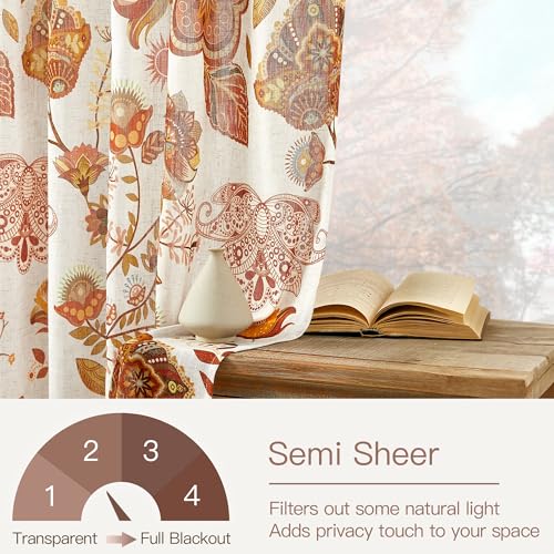 Image of Terracotta Floral Linen Curtains for Living Room Dining 96 Inches Long 2 Panels Back Tab Vintage Farmhouse Flower Pattern Window Drapes Semi Sheer Light Filtering Bedroom Burnt Orange Autumn Fall
