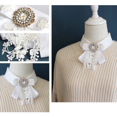 Image of Lace Ribbon Bow Tie Brooch Rhinestone Pearl Necktie for Girl Women Fashion jabot collar brooch pins Pre-Tied Corsage