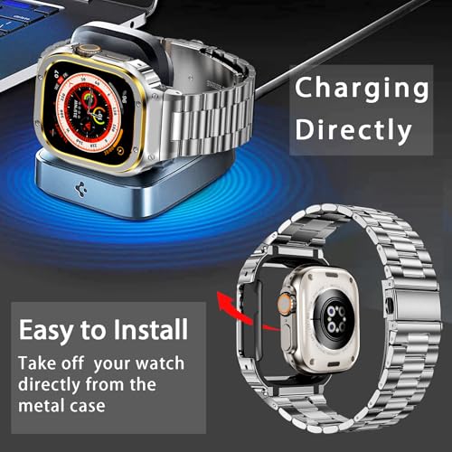 Image of MioHHR Stainless Steel Band and Case Compatible with Apple Watch Band 49mm | Men Metal Protective Bumper Cover with Straps for iWatch 49mm Series Ultra 3, Ultra 2, Ultra, Silver /Gold