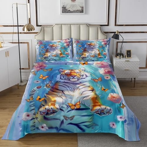 Kawaii Tiger Quilts Set for Kids,Wild Animals Bathing in Bathtub 2Pcs Bedspread Bedding Set,Dreamy Butterfly Flowers Bed Cover Set,Rustic Style Bedspread Coverlet with 1 Pillowshams (Twin Size)