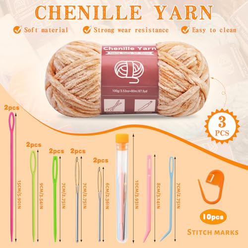 Image of LUNARM Chenille Yarn 3 Pack 3.5oz Chunky Blanket Velvet Yarn 263 Yard | Light Brown Chunky Chenille Yarn for Beginners Crocheting Hand Knitting Scarves with Big Eye Needles Machine Washable