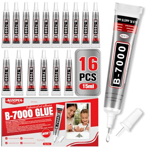 ALECPEA B7000 Bedazzling Glue 16 Pack 15ml Clear Rhinestone Adhesive for Crafts Jewelry Making Nail Art Fabric Shoes Clogs and Graduation Cap Decor