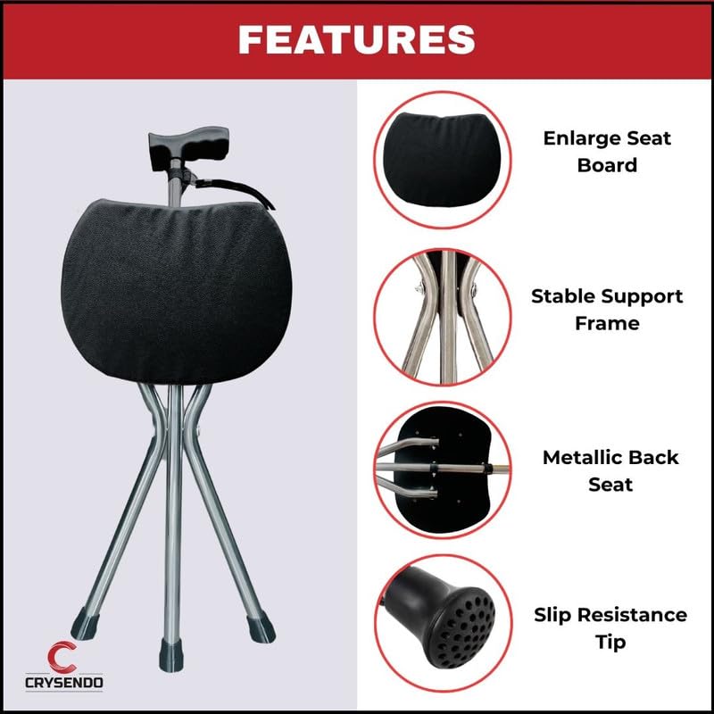 Image of Crysendo Walking Stick Cum Seat for Elders | Stick Chair Folding Durable & Comfortable Cane stik Stool | Easy Carry Cane Chair Travel Hiking Hand Stick Cum Stool (Black) (Black (3 Legs))