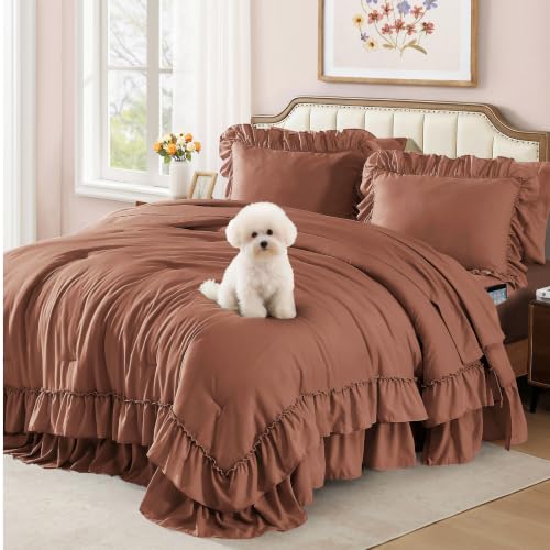 Image of Full Size Comforter Set Russet Ruffle 7 Pieces Farmhouse Bed in a Bag