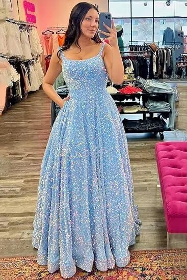 Miao Duo Spaghetti Straps Sequin Prom Dresses 2025 Long Sparkly A Line Formal Ball Gowns with Pockets YZTS2284