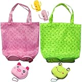 ZenyTra Juego de 2 bolsas de la compra plegables con 2 soportes de pared, reutilizables, impermeables, diseño de cerdo y rana, para playa, compras y viajes (rosa y verde)