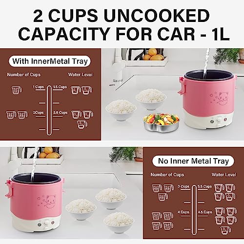 Image of OSBA 12V Rice Cooker for Car 1L Mini Rice Cooker with Steamer, Pink