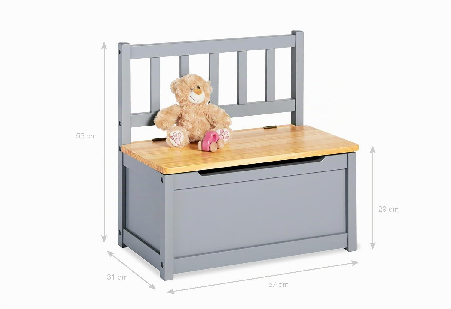 Pinolino Kindertruhenbank Fenna, vollmassives Kiefernholz, mit Klappendämpfer, Sitzhöhe 29 cm, für Kinder ab 2 J., grau und klar lackiert