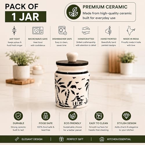 Image of Ceramic Kitchen Jars for Storage | Air Tight Containers with Wooden Lids | Masala, Salt, Pickle, Dry Fruits & Multi Utility Items Organiser Set (Hand-Painted, Black Hut, 450 ML, Pack of 1)