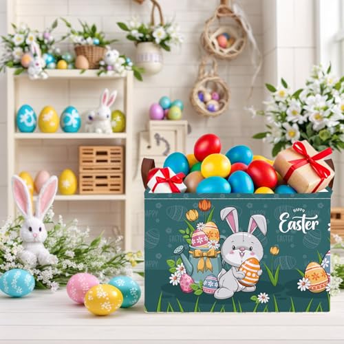 Image of Large Cute Easter Basket for Kid Empty Gift Baby Rectangle Storage Bin Bunny Eggs Boy&Girl Room Decor (Rabbit Blue)
