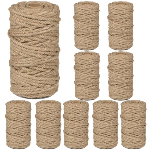 Image of 10Pack 4mm Natural Jute Twine Rope 1200 Feet Twisted Heavy Duty Thick Twine for Cat Scratching Post Tree Craft Projects Garden Home Decoration Packing Bundling (Brown-120Feet /Roll)