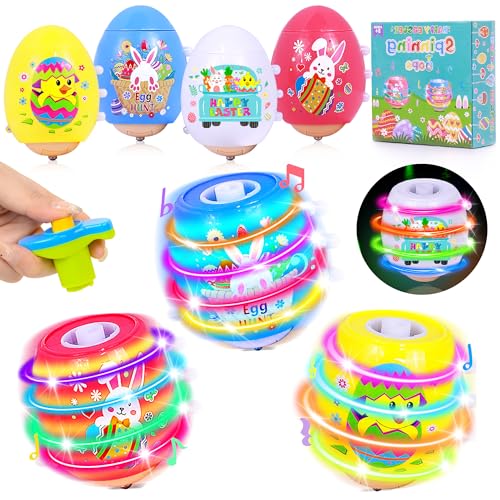 Itscolofy 4 Pack Easter Basket Stuffers Light Up Spinning Singing Tops with Flash, Easter Gifts for Kids Toddler Boys Girls, Easter Eggs Toys, Easter Eggs Filled Goodie Bag Prize Party Favor