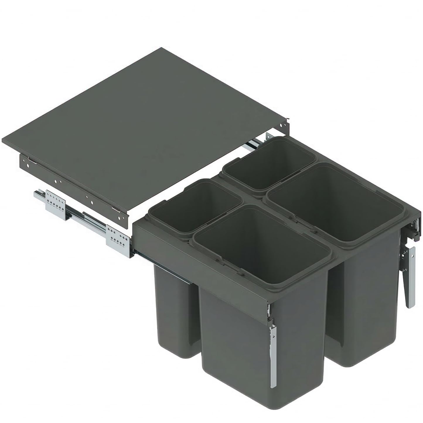 Cubo de Basura Extraíble para Armario de 60 cm SEGREGO 56,4 x 48 x 32 cm (2x 15L + 2x 7L) Sistema de Reciclaje de 4 Cubos con Tapa y Cierre Suave (Soft-Close) Grafito