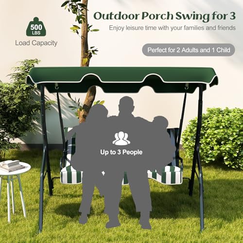 Image of Tangkula 3 Person Porch Swing, Patio Swing with Removable Cushion & Powder-Coated Steel Frame, Outdoor Swing with Canopy for Porch, Backyard, Garden, Balcony (Green)