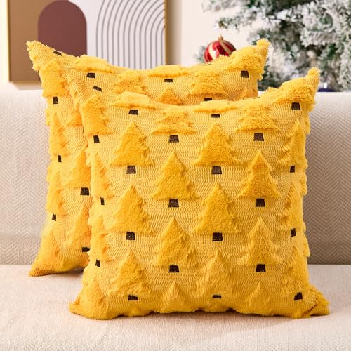 Image of Allorry Christmas Pillow Covers 18x18 inch Set of 2 Yellow Christmas Decorations Soft Plush Faux Fur Wool Christmas Tree Throw Pillow Cases Winter Holiday Decor for Sofa Living Room PT002G18