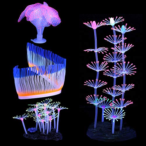 Filhome Glowing Fish Tank Decorations Plants, 4 pcs Glow Aquarium Decoration Plants Kit Glowing Sea Anemone Coral Ornaments - Thumbnail 2