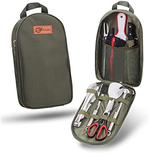 KissAir Portable Camp Kitchen Utensil Organizer Set BBQ Camping Cookware Utensils Travel Kit with Flatware|Water Resistant Case|Cutting Board|Rice Paddle|Tongs|Scissors (Army Green)
