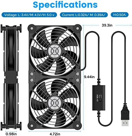 ELUTENG 2 in1 USB Fan 120mm 3-Speed PC Fan Dual Row 5V Quiet USB Cooling Fan with 8 Shock-Absorbing Feet Small USB Powered Computer Fan for Cabinet/Router/PS5/Laptop/TV Box Electronics