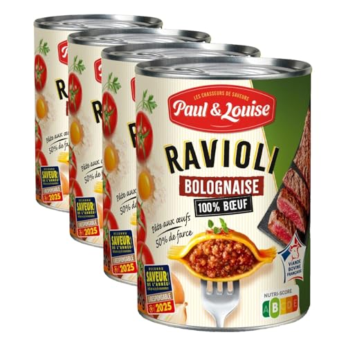 Paul & Louise Ravioli Bolognaise 400g - Pâte aux œufs – 50% de farce - 100% viande origine France - Sans colorant - Sans arôme artificiel - Nutriscore B (Lot de 4)