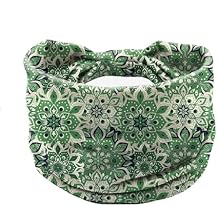 Bohemian Wide Headband for Women, Soft Elastic Boho Headbands with Mandala Print, Stretchy Hair Wrap for Yoga Sports, Breathable Sweat Wicking Hair Band Green
