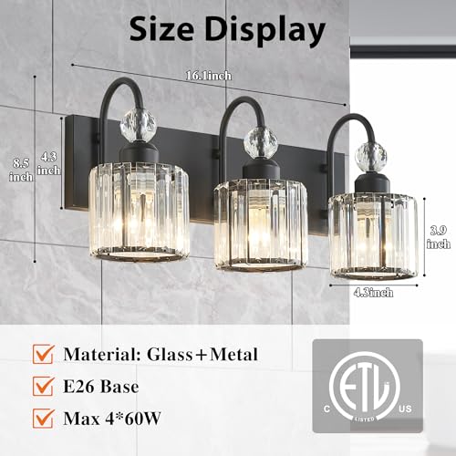 Image of Bathroom Vanity Light Fixtures Over Mirror - Makeup Lighting Black - for Modern Wall, Bath, Desk, Farmhouse, Hallway (3 Crystal Lights)