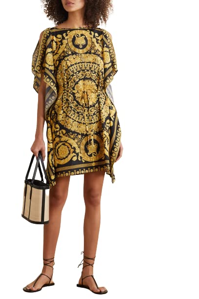 Varni Jewel Full Lengthed Printed Softy Silk Modest Wear Kaftan for Women,Beach Dress,Maxi Dress,Caftan, Birthday,Crew Neck Style,Regular Kaftan (Yellow and Black)