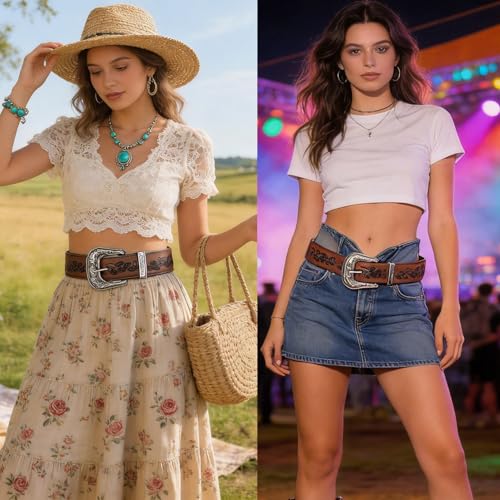 Image of Dubulle Womens Belt Chain Leather Belts Vintage Western Adjustable Elastic Double Buckle for Cowboy Pant Dress