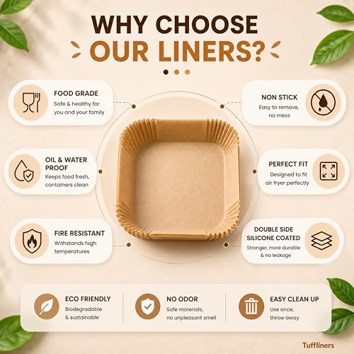 Image of Square Air Fryer Paper Liners 8 Inch, 100 Sheets, Silicone Coated, 100% Virgin Wood Pulp, Oil & Water Proof, Shape Retaining, Non-Stick Disposable Parchment Paper for 4.7-7.6L Air Fryers