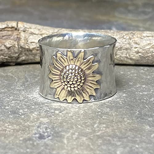 Big Large Sunflower Flower Floral Wide Band Ring,Thick Silver Plated Stainless Steel Retro Vintage Thumb Index Middle Finger Punk Gothic Biker Cocktail Party Boho Ring Jewelry Gift For Women Girls Her Size 6-10 #TOP5