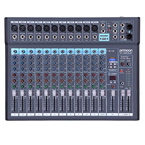 ammoon 12 Canales Mezclador de Sonido, Conexión BT de Teléfono, Tarjeta SD/Unidad Flash USB, 16 Efectos DSP, con Adaptador de Corriente, Para Estudio de Grabación, Transmisión en Vivo, DJ, etc