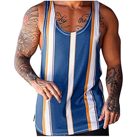 Men's Spring Summer Casual Printed Sleeveless T-Shirt Top Blouse Tank Tops Striped Loose Tank Top T-Shirt Sleeveless Holiday by the Sea Beach Vest Muscle Shirt, blue, XL Cover
