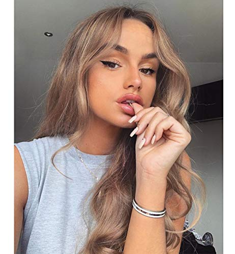 VEBONNY Dark Rooted Brunette Wigs with Roots Natural Wavy Synthetic Brown Wigs for Women 22 inch Mixed Blonde Brown Hair Ombre Brown Wig VEBONNY-005